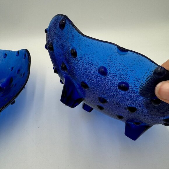 Unusual Vintage Collectible Cobalt Blue Blown Glass Hobnail Footed Serving Bowl - Picture 3 of 10